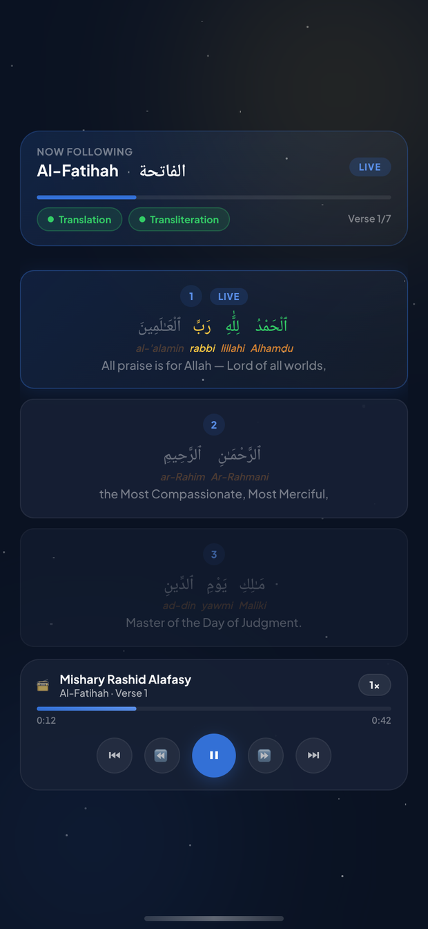 Quran follow-along: Al-Fatihah highlighted word by word with translation and transliteration