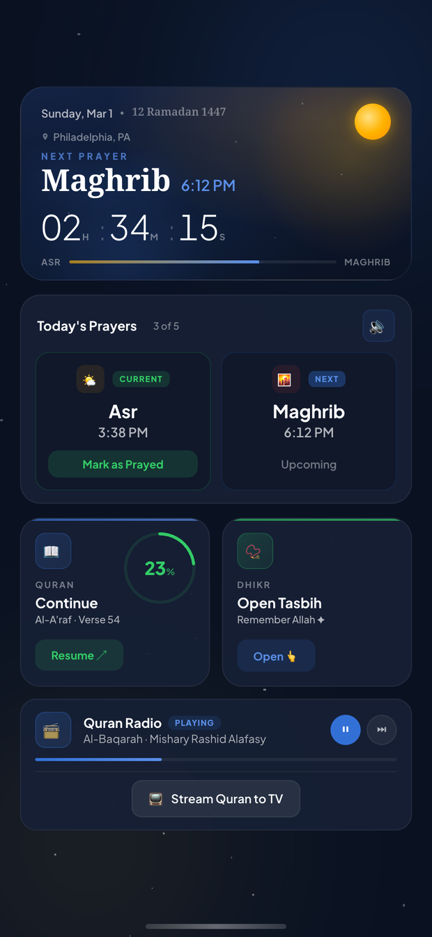 Qif home screen: next prayer countdown, today's prayers, Quran and dhikr shortcuts