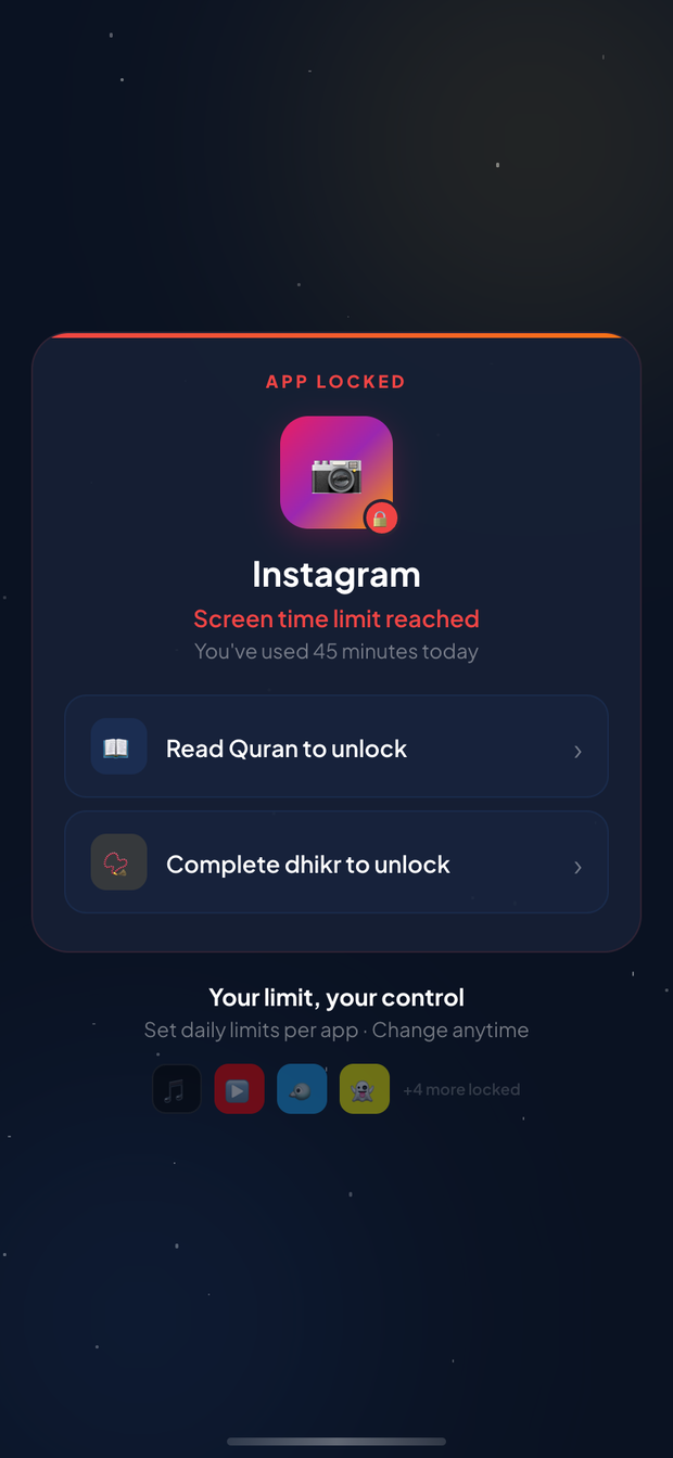 Qif screen-time limit lock on Instagram, offering Read Quran or Complete dhikr to unlock