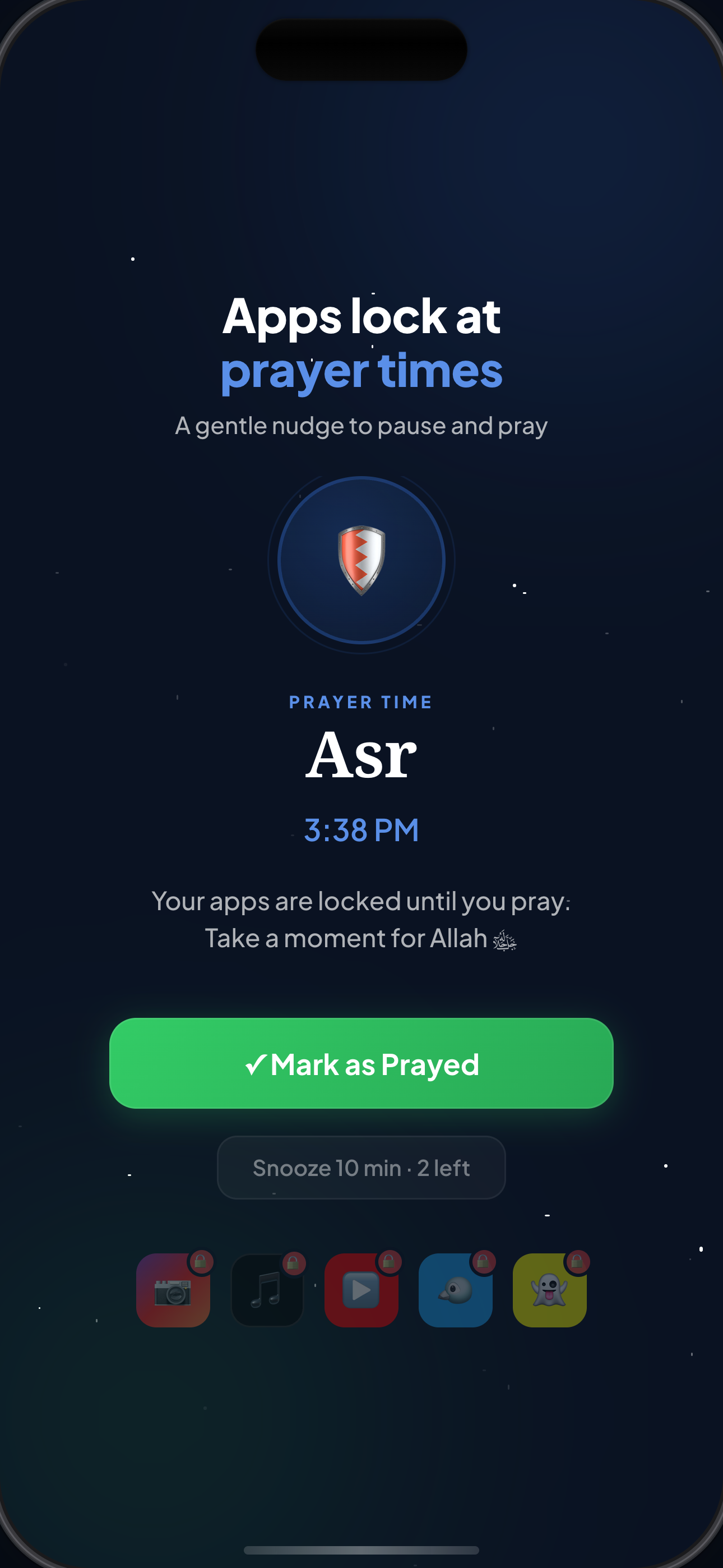 Qif locking apps at prayer time with a Mark as Prayed button